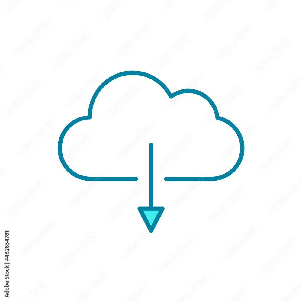 Cloud with down arrow sign. Cloud downloading line icon. Cloud server storage concept. Server hosting files online. Infrastructure as a service IaaS. Blue outline. Vector illustration, flat, clip art Cloud with down arrow sign. Cloud downloading line icon. Cloud server storage concept. Server hosting files online. Infrastructure as a service IaaS. Blue outline. Vector illustration, flat, clip art