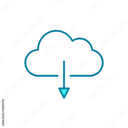 Cloud with down arrow sign. Cloud downloading line icon. Cloud server storage concept. Server hosting files online. Infrastructure as a service IaaS. Blue outline. Vector illustration, flat, clip art