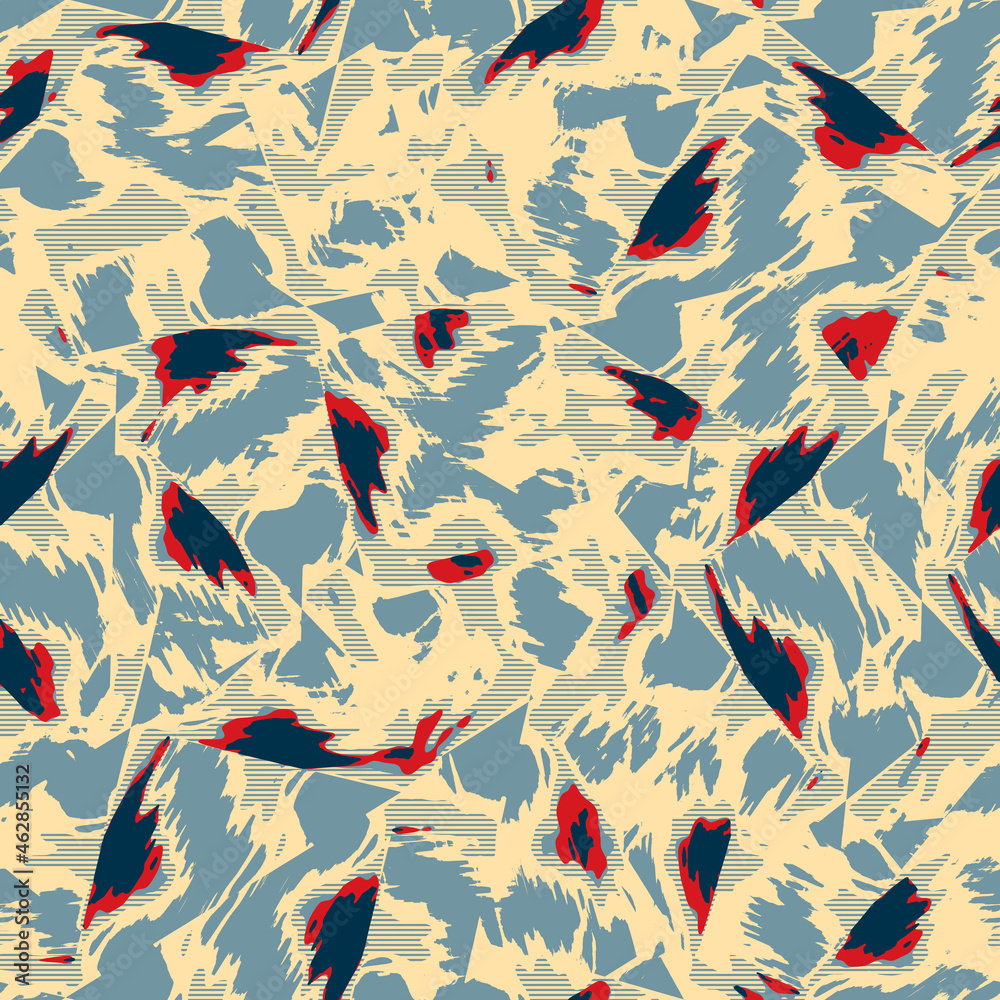 Fototapeta premium Fun yellow blue red abstract seamless texture. Modern retro swim wear fashion all over print. Coastal living cushion cover design or beach cottage fabric background. High quality jpg batik swatch.