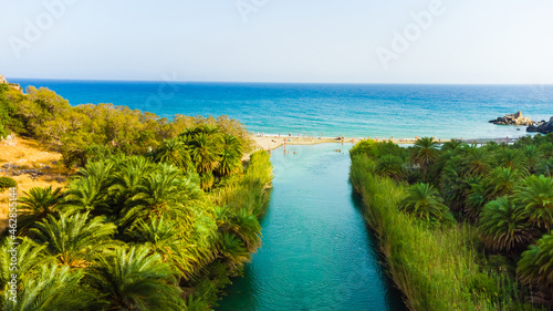 Canvas-taulu Panorama of Preveli beach at Libyan sea, river and palm forest, southern Crete ,