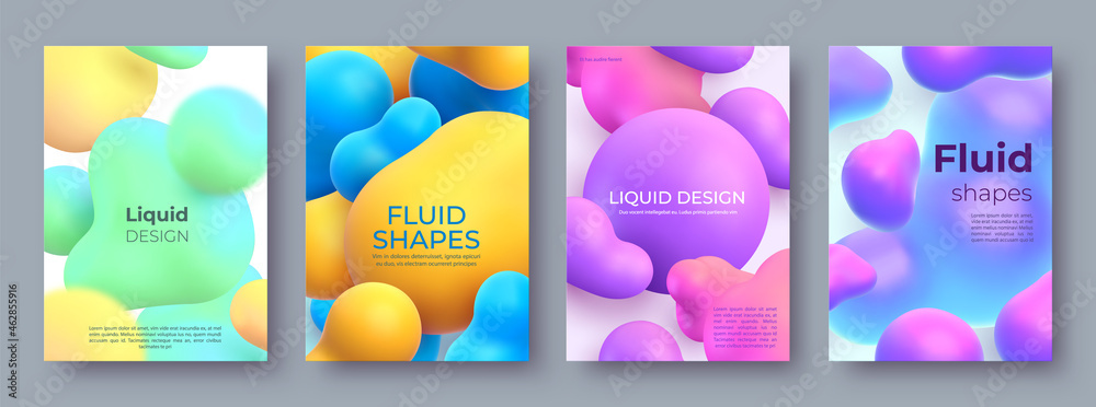Abstract posters with flowing fluid 3d balls and blobs. Morphing liquid shapes design. Modern paint bubbles and blots vector background set