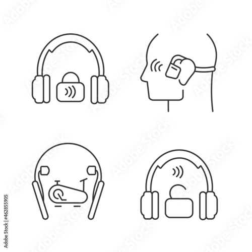 Wireless headphones linear icons set. Professional on ear headset. In ear earphones for sport activity. Customizable thin line contour symbols. Isolated vector outline illustrations. Editable stroke