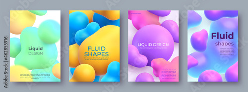 Abstract posters with flowing fluid 3d balls and blobs. Morphing liquid shapes design. Modern paint bubbles and blots vector background set
