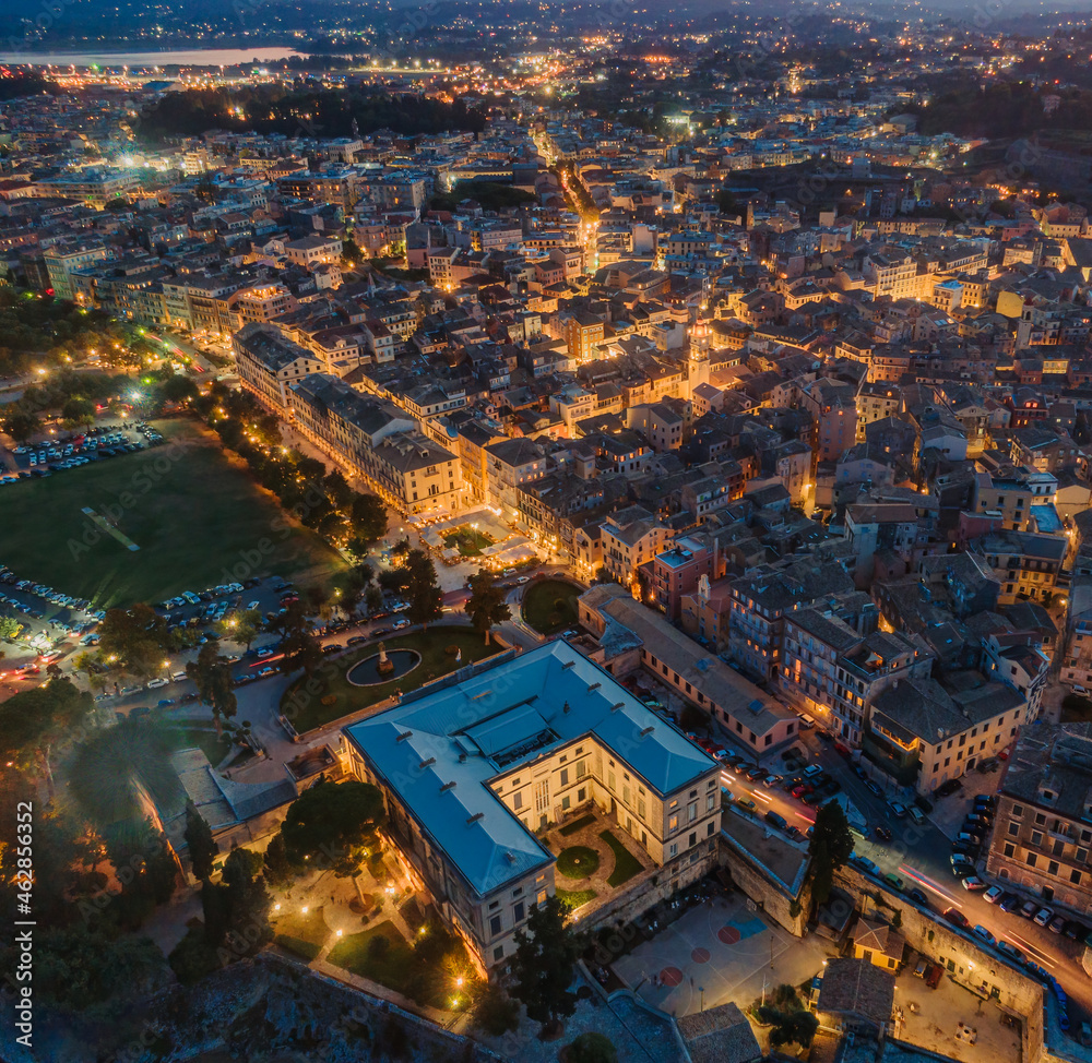 aerial view of the citylights of Corfu city at night. Kerkyra. Corfu island. Greece.