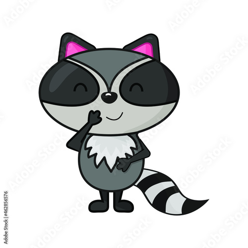 Cute flat style gigling raccoon character covers his mouth with his hand. Vector illustration