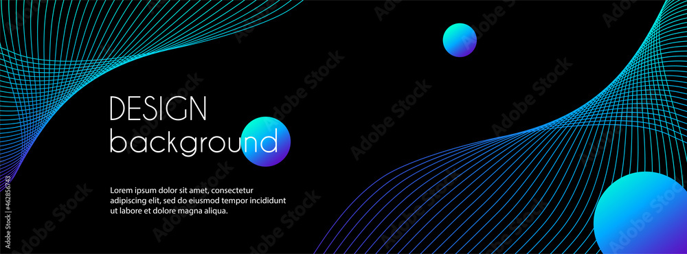 Long vector abstract banner with blue wavy lines. Minimal trendy black background for facebook cover, web header design - obrazy, fototapety, plakaty 