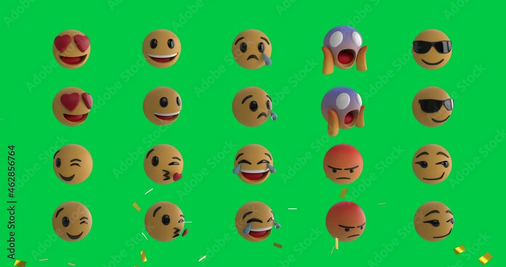 Animation of confetti falling over rows of emoji emoticon icons over green screen Animation of confetti falling over rows of emoji emoticon icons over green screen
