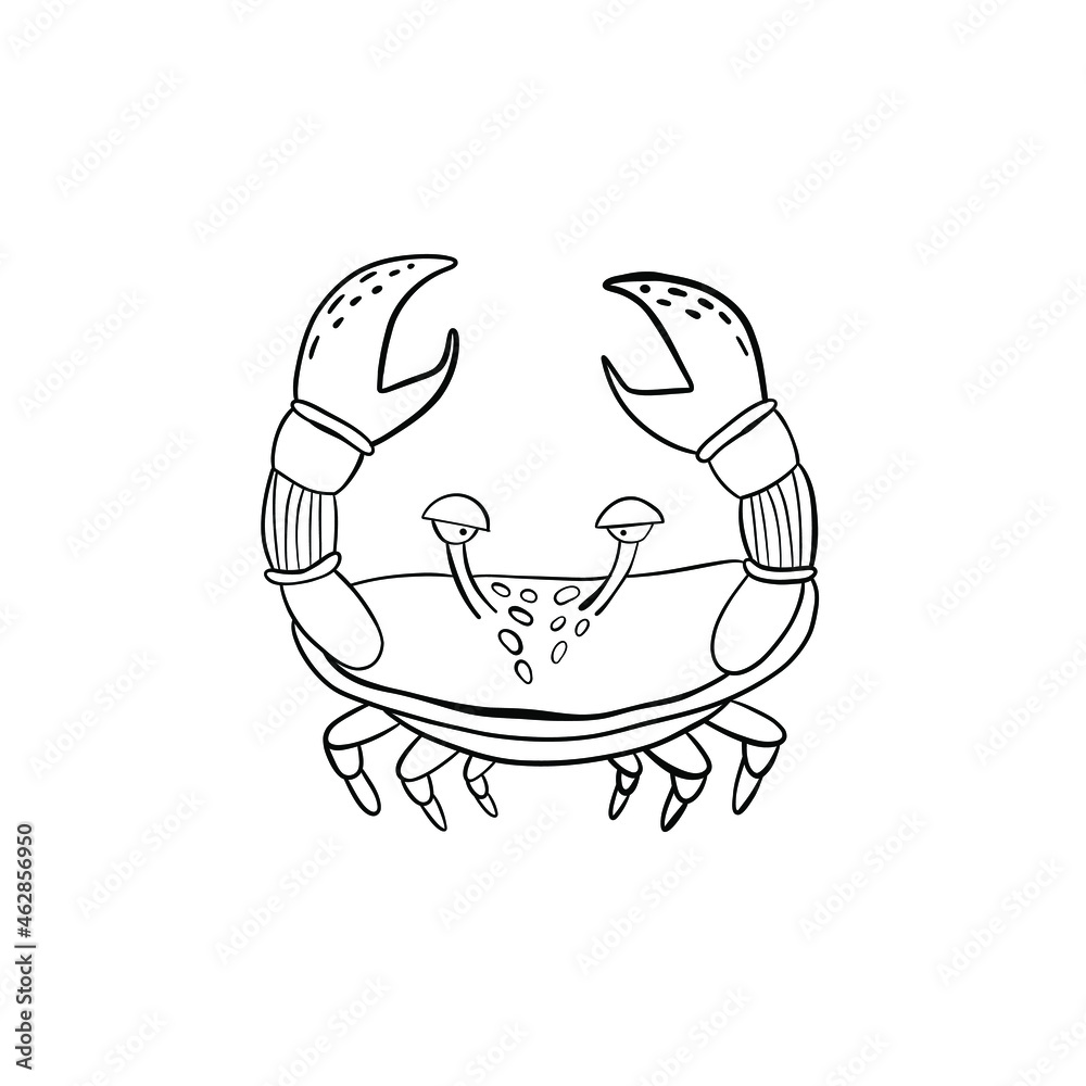 Cute crab in cartoon doodle style. Hand drawn. Vector illustration