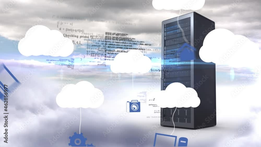 Animation of digital clouds, data processing with icons over computer server Animation of digital clouds, data processing with icons over computer server