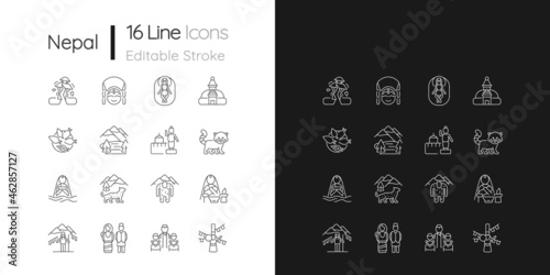 Nepal cultural heritage linear icons set for dark and light mode. Religious festivals. Tourist attractions. Customizable thin line symbols. Isolated vector outline illustrations. Editable stroke