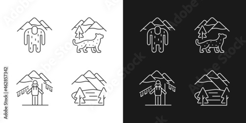 Mountaineering in Nepal linear icons set for dark and light mode. Trekking peaks. Himalayan folklore. Customizable thin line symbols. Isolated vector outline illustrations. Editable stroke