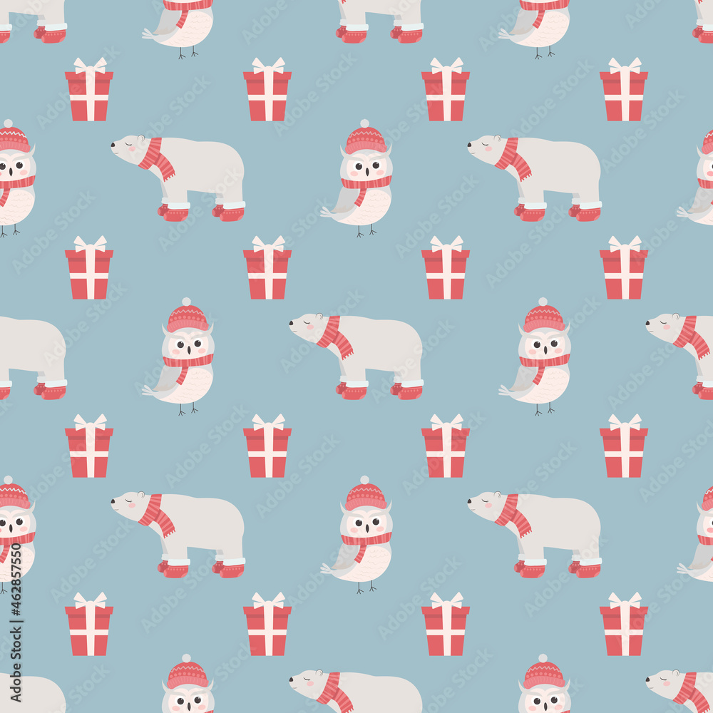 Christmas seamless pattern with cute polar bear, polar owl, and gifts. The illustration is perfect for baby textiles and wrapping paper.