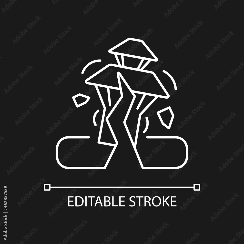 Earthquake in Nepal white linear icon for dark theme. Seismically active region. Damaged towns. Thin line customizable illustration. Isolated vector contour symbol for night mode. Editable stroke