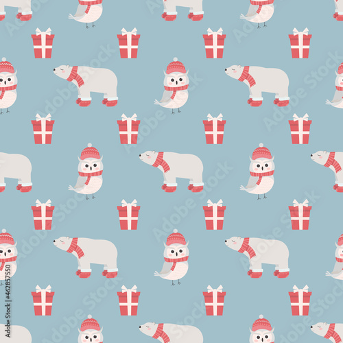 Christmas seamless pattern with cute polar bear  polar owl  and gifts. The illustration is perfect for baby textiles and wrapping paper.