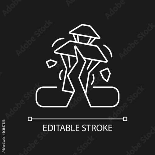 Earthquake in Nepal white linear icon for dark theme. Seismically active region. Damaged towns. Thin line customizable illustration. Isolated vector contour symbol for night mode. Editable stroke