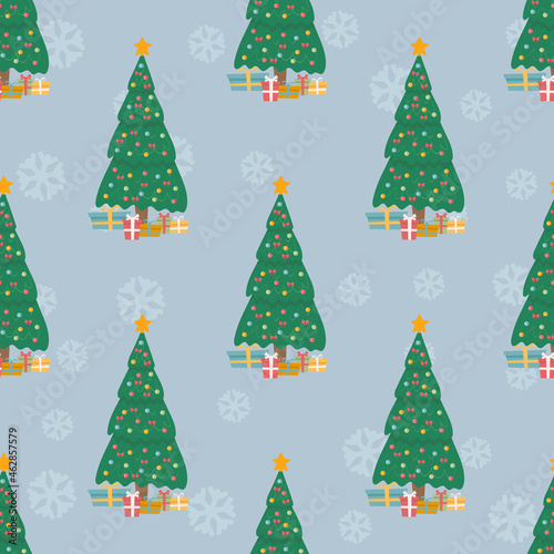 Christmas seamless pattern with Christmas tree and gifts. The illustration is great for wrapping paper and packaging. © Kristina