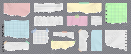 Colored paper notebook strips and pages with ripped edges. Realistic torn copybook pieces with duct tape. Crumpled sticky notes vector set