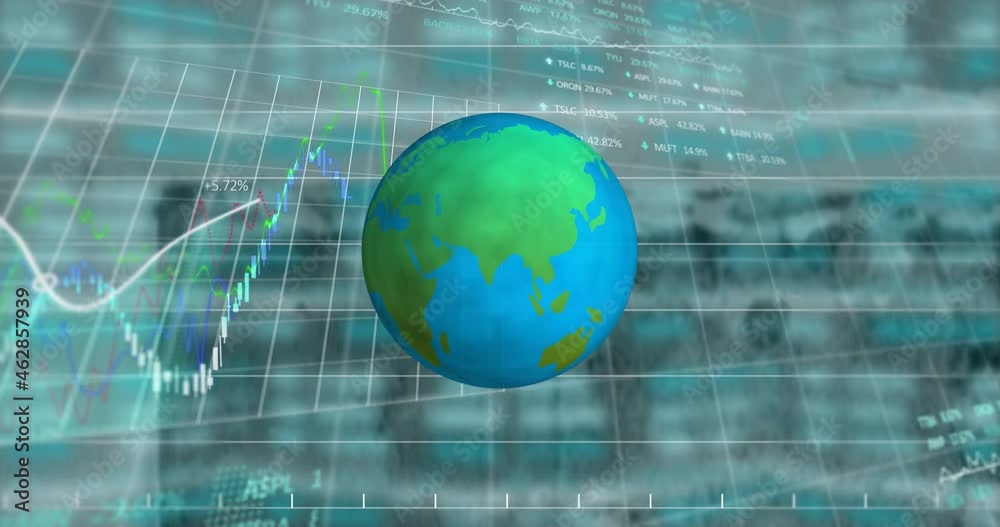 Spinning globe icon over stock market and financial data processing against empty office Spinning globe icon over stock market and financial data processing against empty office