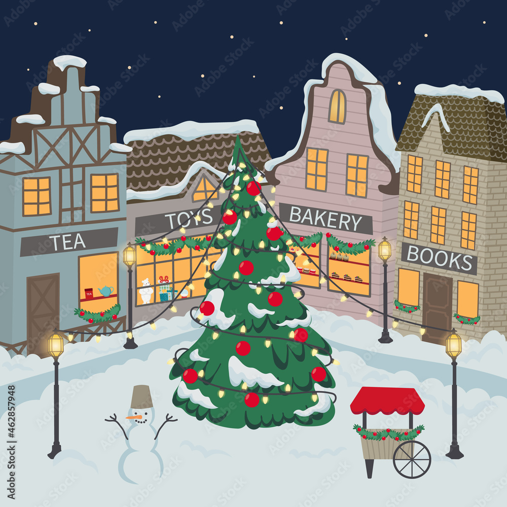 Vector illustration of a decorated winter Christmas street with a Christmas tree decorated with garlands. Snowy street with shop windows.
