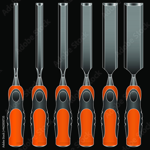 chisels of different widths for wood carving on black background vector