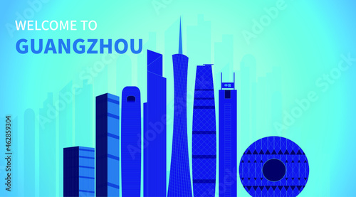 Minimalist vector illustration of skyline of urban landmark buildings in Guangzhou, China photo