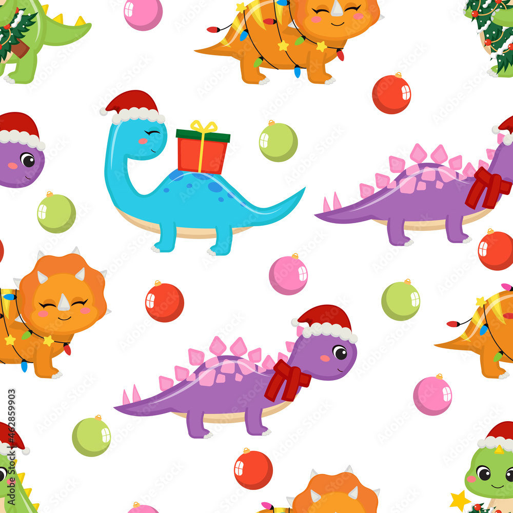 Naklejka premium Cute Christmas theme dinosaurs seamless pattern. Flat vector cartoon design