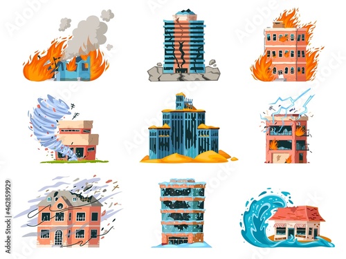 Natural disasters damage city building, earthquake, hurricane and fire. Home insurance for catastrophe, tornado or flood accident vector set