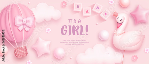 Baby shower horizontal banner with cartoon hot air balloon, swan, helium balloons and flowers on pink background. It's a girl. Vector illustration