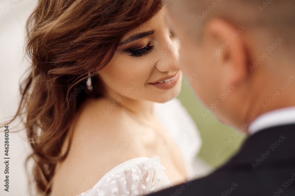 Portrait of wedding day. romantic gentle touch, concept of love and happy marriage. touching attitude of young couple. portrait of bride and groom. Life style, photo.