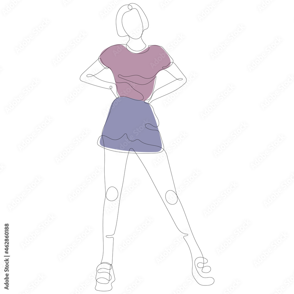 Continuous one line painted tall girl with mini in vector illustration. Concept of street subculture, casual style. Illustration fits for magazine, background or logotype. Continuous one line painted tall girl with mini in vector illustration. Concept of street subculture, casual style. Illustration fits for magazine, background or logotype.
