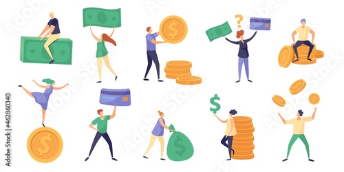 Tiny characters hold money bill, coin and salary. Cartoon rich people with currency. Finance debts, savings and investing concept vector set