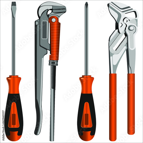 adjustable gas keys and a locksmith's hammer on white background vector