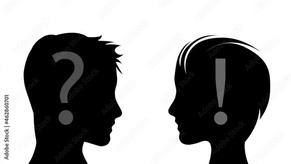 Ask a question and get an answer, solve a problem. Two person in silhouette with question marks and exclamation marks. Concept of doubt and certainty. Animated illustration, looped clip Ask a question and get an answer, solve a problem. Two person in silhouette with question marks and exclamation marks. Concept of doubt and certainty. Animated illustration, looped clip