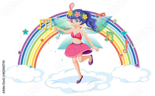 Beautiful fairy standing on a cloud with rainbow
