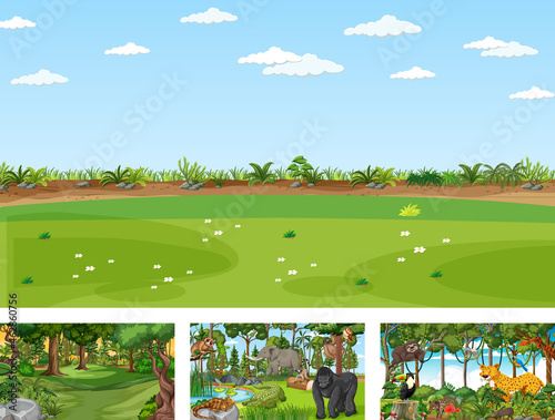 Canvas Print Different nature scenes of forest and rainforest with wild animals