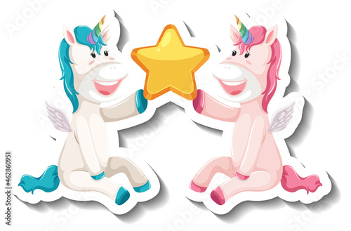 Two cute unicorns holding star together cartoon sticker
