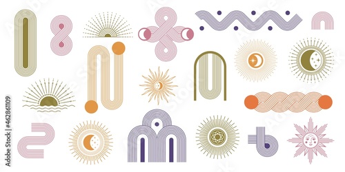 Abstract minimalist arch and geometric lines, sun and moon. Modern rainbow shapes. Boho style, contemporary aesthetic graphic art vector set