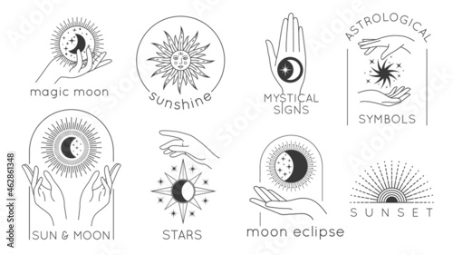 Obraz na plátně Mystic hands with star, sun and moon line logos