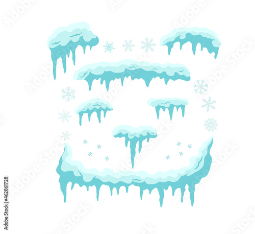 Set of snow icicles, snow cap isolated. Icicle bear face. Vector template in cartoon style