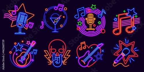 Neon signs for karaoke club and stand up comedy show. Music party night glowing logo with microphones and note. Karaoke bar event vector set photo
