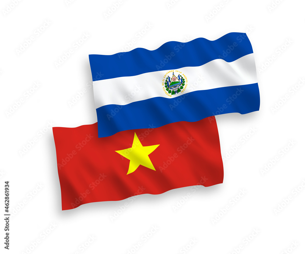 Flags of Republic of El Salvador and Vietnam on a white background Flags of Republic of El Salvador and Vietnam on a white background
