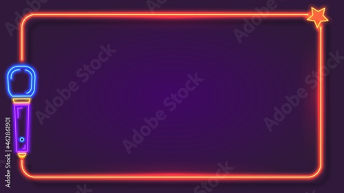 Night neon karaoke frame for song lyrics with microphone. Music bar club singer party show stand. Karaoke sign text border vector template
