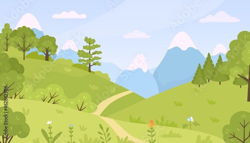 Flat forest with meadow  trees  bushes and mountains landscape. Cartoon spring green hills nature with flowers and plants vector background