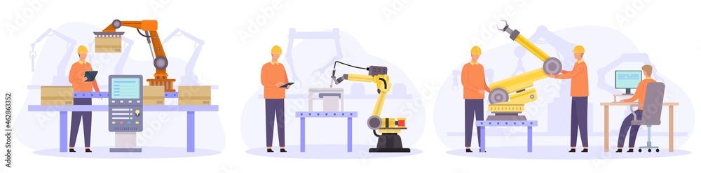 Engineers control, check and repair automated robot arms. Flat smart factory inspection. Manufacturing industry automation vector concepts Engineers control, check and repair automated robot arms. Flat smart factory inspection. Manufacturing industry automation vector concepts