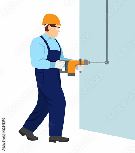 A man in overalls and with a helmet on his head is working with a hammer drill. Guy drills a hole in the wall. Apartment or house renovation. Isolated vector illustration in cartoon style
