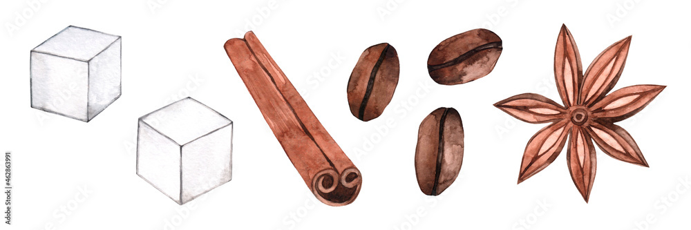 Watercolor set of coffee spices. Cinnamon, tea, anise, grains, sugar. Cafe shop. Ingredients for baked goods and drinks. Isolated on a white background. Watercolor set of coffee spices. Cinnamon, tea, anise, grains, sugar. Cafe shop. Ingredients for baked goods and drinks. Isolated on a white background.
