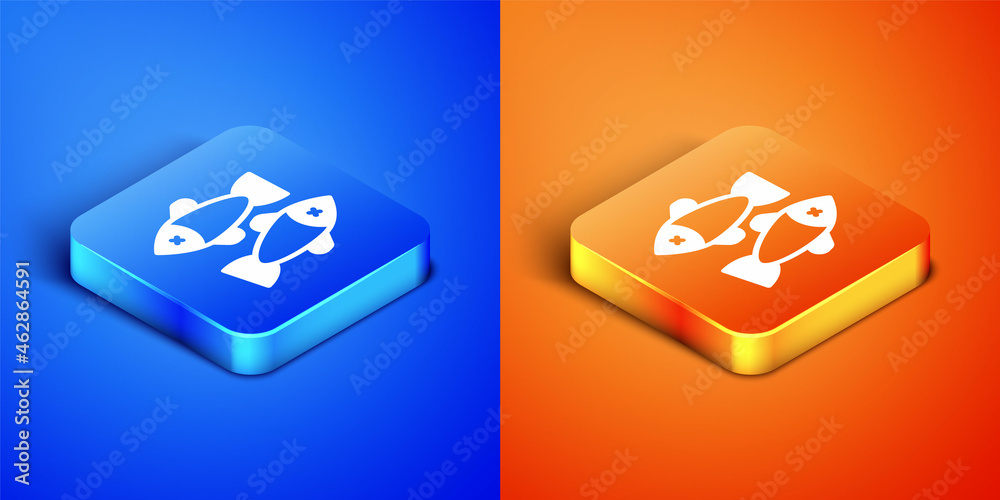 Isometric Dead fish icon isolated on blue and orange background. Square button. Vector Isometric Dead fish icon isolated on blue and orange background. Square button. Vector