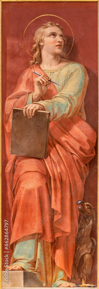 ROME, ITALY - AUGUST 28, 2021: The fresco of apostle St. John the Evangelist in the church San Girolamo dei Croati by  Pietro Gagliardi (1847-1852).