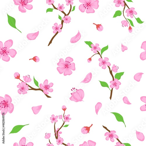 Pink sakura blossom flowers, petals and branches seamless pattern. Japanese spring cherry blooming print. Romantic floral vector wallpaper © Tartila