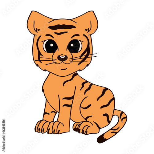 The tiger cub is sitting. Vector illustration in cartoon style. Childrens illustration isolated on white background